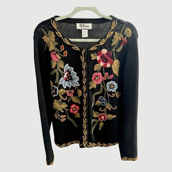 VINTAGE 90s Black Floral Embroidered Knit Long Sleeve Beautiful Cardigan Medium - Picture 1 of 12